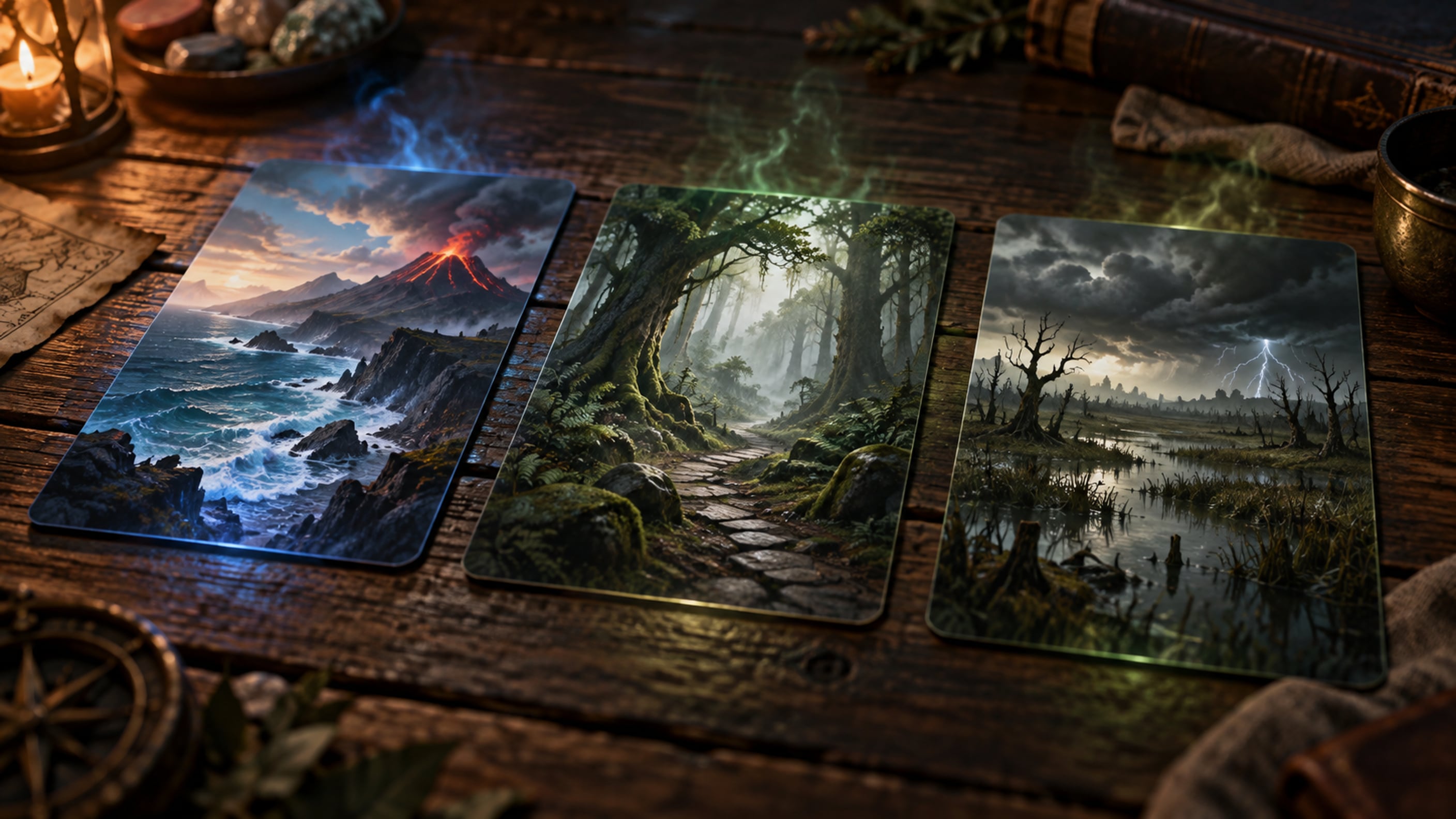 Three fantasy landscape cards showing a volcanic coast, a misty forest and a stormy marsh